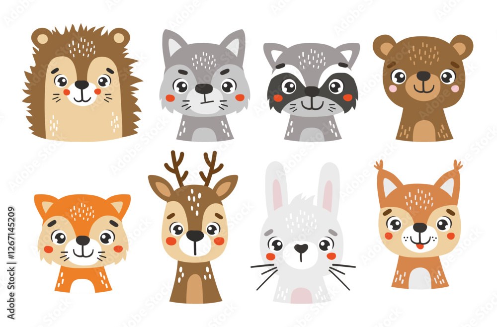 Fototapeta premium Wild animals set isolated, cute forest animals, kids vector cartoon