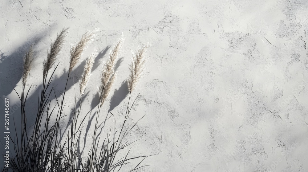 Obraz premium Pampas grass stands against a textured wall casting long shadows