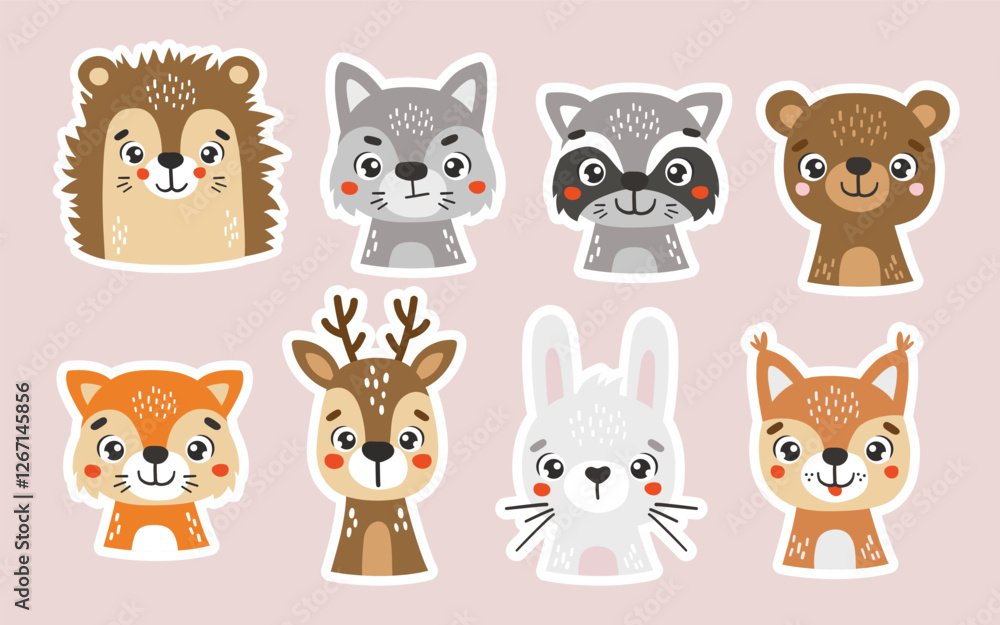 Fototapeta premium Wild animals Stickers, cute forest animals, kids vector cartoon