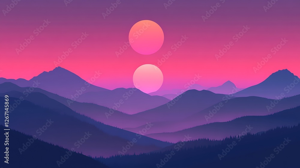 Fototapeta premium Double Sunset Over Silhouetted Mountain Ranges