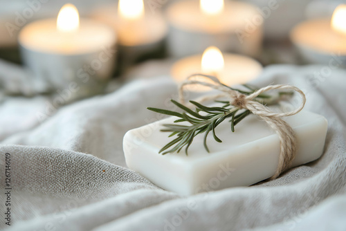 A serene arrangement featuring a white soap adorned with a sprig of rosemary, surrounded by softly glowing candles on a textured fabric backdrop.