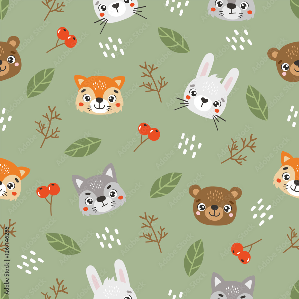 Fototapeta premium Wild animals pattern, cute wild animals, kids pattern, forest vector, cartoon, seamless pattern