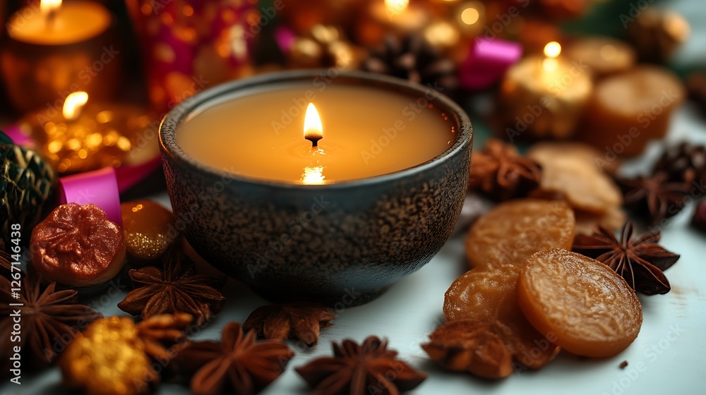 A burning candle in a dark bowl surrounded by festive treats A burning candle in a dark bowl surrounded by festive treats