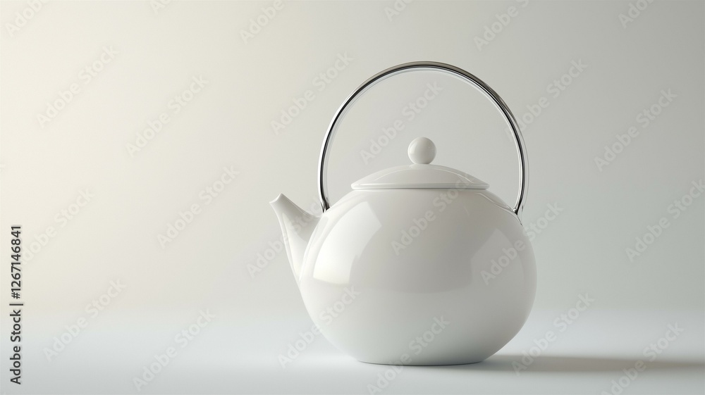 Photorealistic image of a white ceramic teapot with a round handle, isolated on a white background
