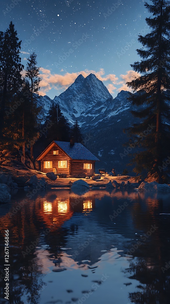 Fototapeta premium A serene cabin by a lake, reflecting mountains and stars in a tranquil evening setting.