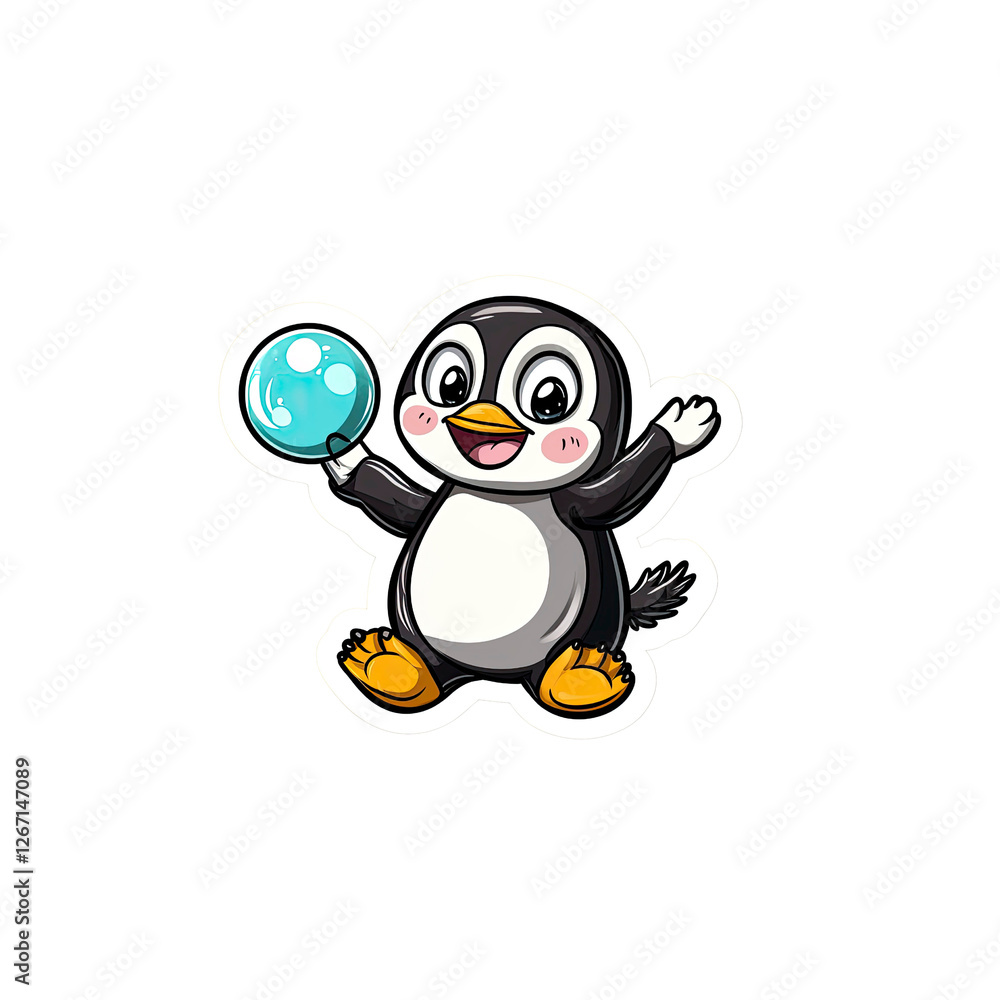 Obraz premium Adorable Cartoon Penguin Playing with a Bubble Ball