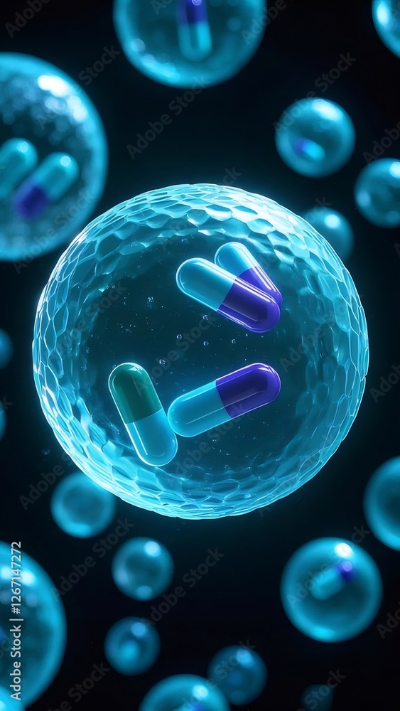 Microscopic Capsules Entering Cell, Dark Background, Medical Research Microscopic Capsules Entering Cell, Dark Background, Medical Research