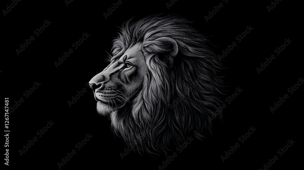 Obraz premium Lion profile portrait art in dark background. Possible use symbolism, strength representation