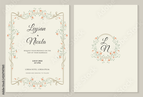 Elegant invitation cards template. Rectangular frame and oval floral monogram. Intertwining of flowering plant. Retro page design.