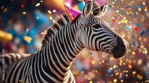 A festive zebra wearing a party hat amidst colorful confetti. photo