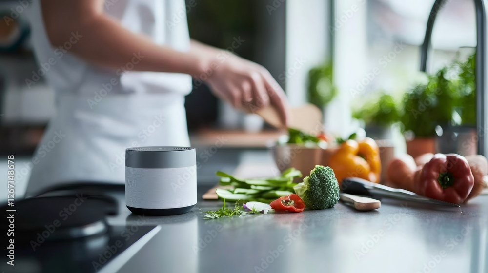 Chef using smart speaker while preparing healthy meal in kitchen Chef using smart speaker while preparing healthy meal in kitchen