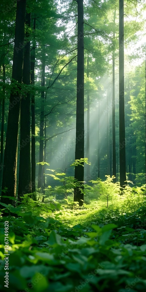 Fototapeta premium A lush green forest with sunlight filtering through the trees, symbolizing the beauty of nature on Earth Day