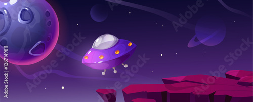Fantastic game background with ufo, moon and stars. Vector cartoon scene