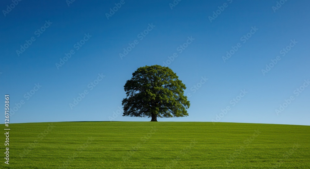 Solitary Tree Standing Tall in a Green Field Under Clear Blue Sky Solitary Tree Standing Tall in a Green Field Under Clear Blue Sky