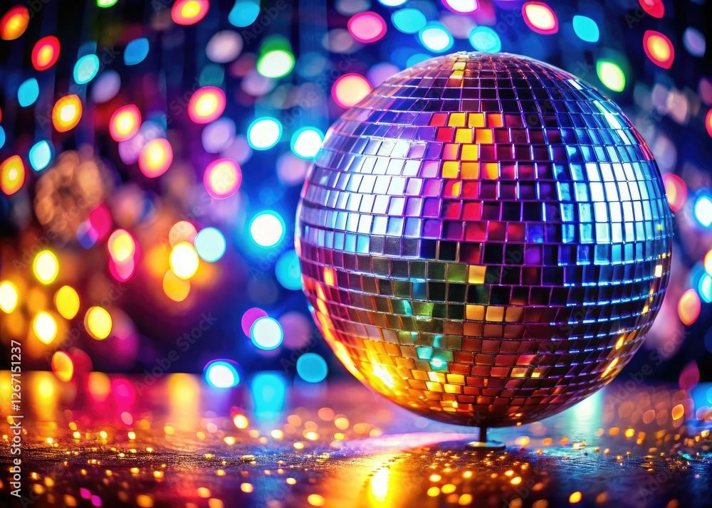 Fototapeta premium Shiny disco ball, colorful lights blur into a deep, glittering bokeh, illuminating the vibrant nightlife party.