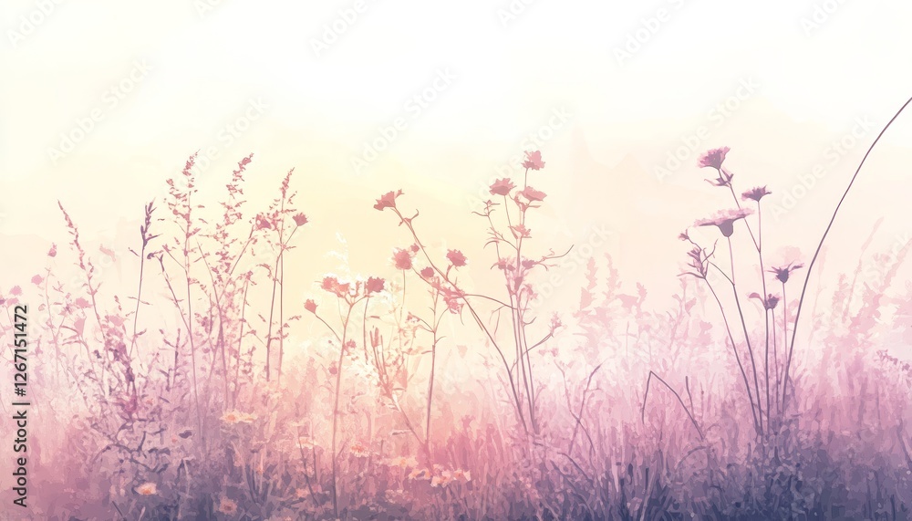 Fototapeta premium Dreamy Pastel Meadow, Watercolor Wildflowers, Soft Shadows, Peaceful Nature Background