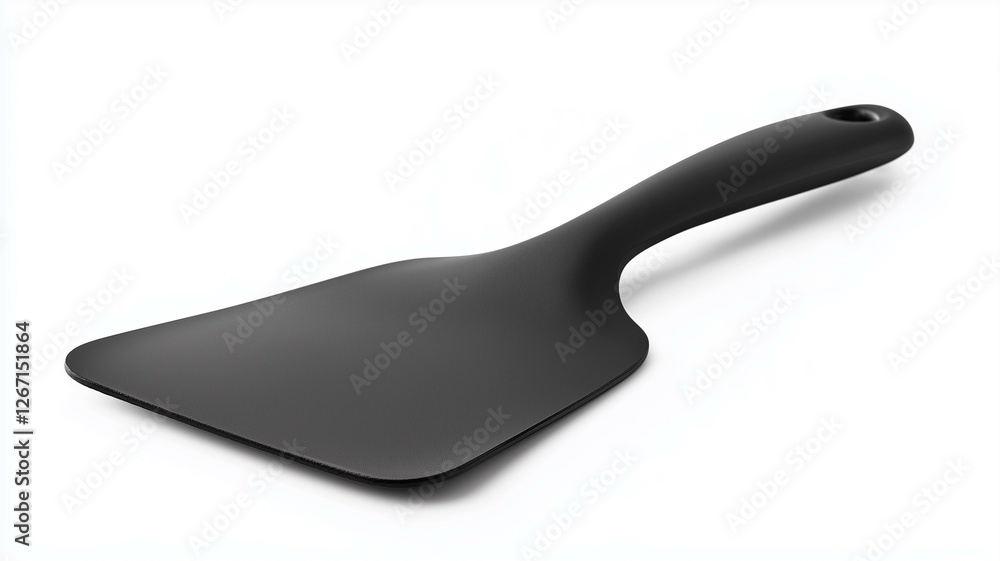 Obraz premium Photorealistic image of a black silicone cooking spatula with a flexible blade, isolated on a white background 