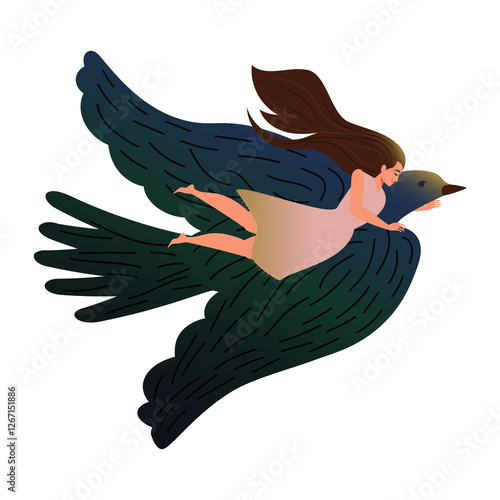 Woman holding tightly to bird of peace and hope flying to dreams isolated on white background. 