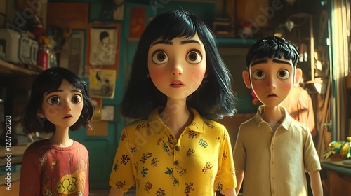 Three Animated Children Looking Up in a Room