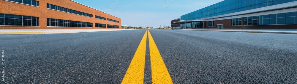 Empty Road with Yellow Lines and Modern Buildings Under Clear Blue Sky in Urban Environment Empty Road with Yellow Lines and Modern Buildings Under Clear Blue Sky in Urban Environment