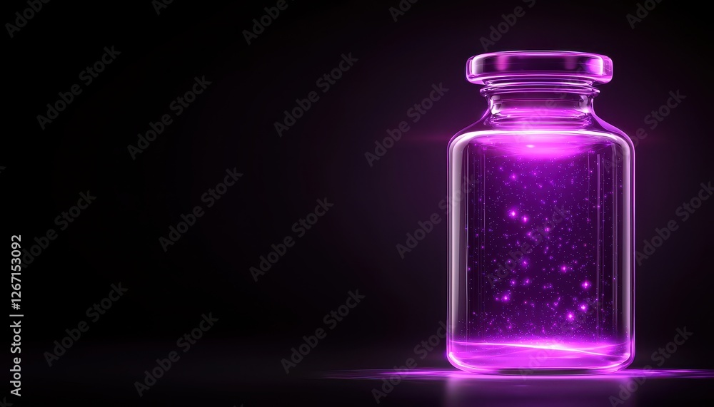 A glowing purple potion bottle filled with sparkling light against a dark background. A glowing purple potion bottle filled with sparkling light against a dark background.
