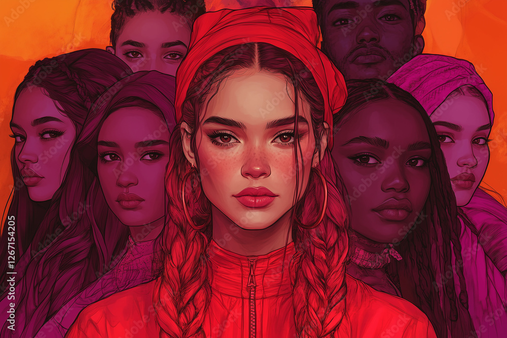 Fototapeta premium A bold and dynamic digital illustration of a diverse group of women in red and orange tones, exuding strength, confidence, and unity. 