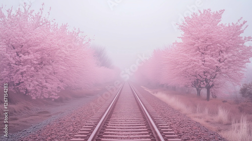 線路沿いに咲く桜と続く線路、シンプルでミニマルな春の風景