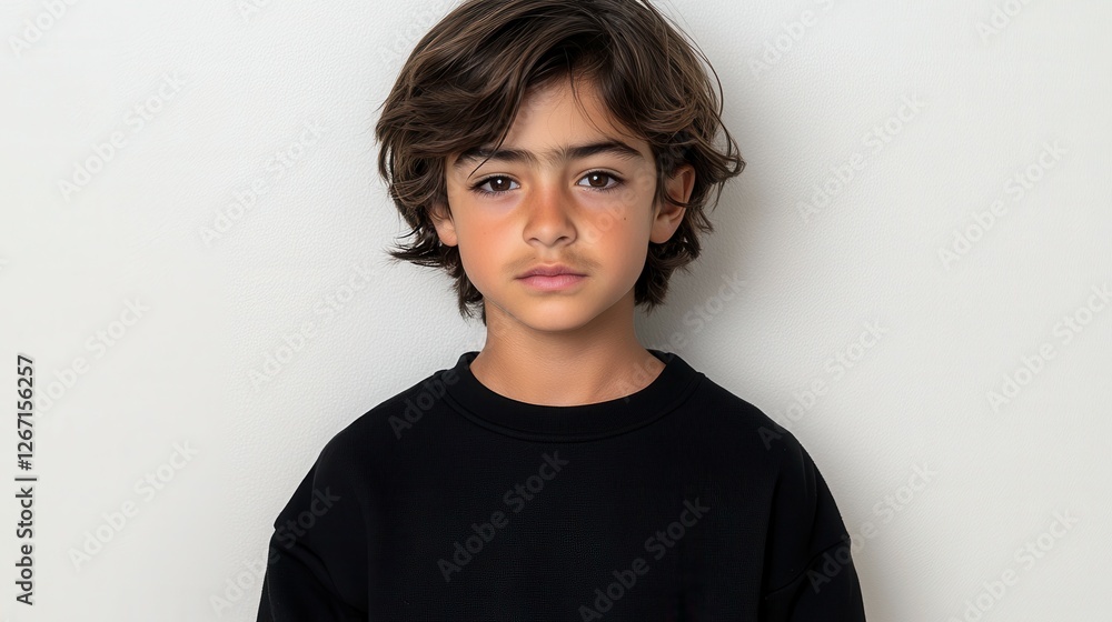 A young boy with brown hair and a black shirt is looking at the camera. The boy's expression is serious and he is in a contemplative mood