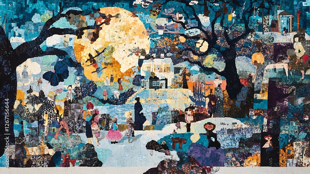 Naklejka premium A Mosaic Landscape with Figures and a Moon