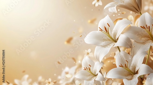 A serene background featuring delicate white flowers with soft petals and a warm, golden ambiance, evoking tranquility and beauty.