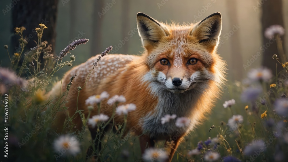 A close-up of a fox in a flower-filled forest, showcasing its vibrant fur and expressive gaze. A close-up of a fox in a flower-filled forest, showcasing its vibrant fur and expressive gaze.