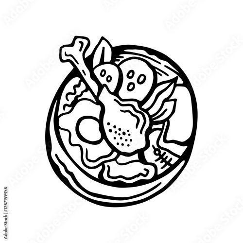 Black and white image of a bowl with a diet of biologically appropriate raw food