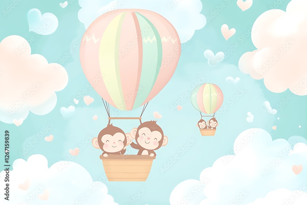 Joyful monkeys in hot air balloons soaring through a dreamy sky cute illustration Joyful monkeys in hot air balloons soaring through a dreamy sky cute illustration