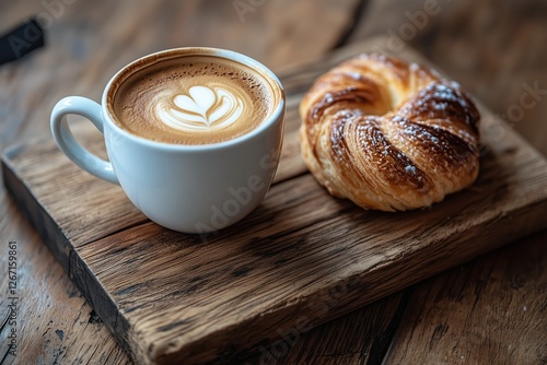 Enjoying coffee and pastry on a rustic wooden table in a cozy cafe setting