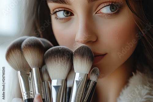 Close up of woman holding makeup brushes in natural light