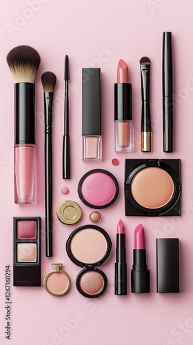 Collection of vibrant makeup products displayed on a pink background for beau...