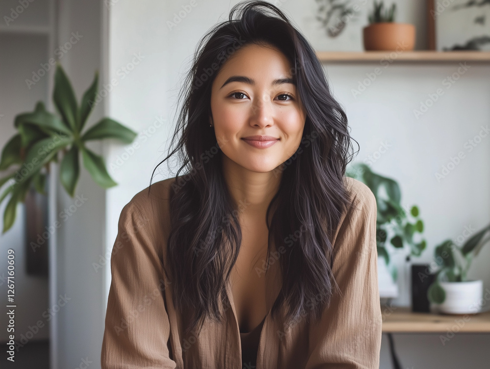 A successful Asian woman freelancer in a bright and airy home office A successful Asian woman freelancer in a bright and airy home office