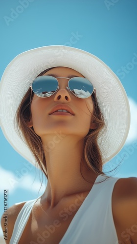 Woman enjoying a sunny day at the beach wearing a wide-brimmed hat and sungla...