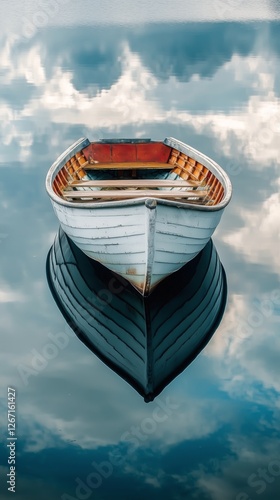 Tranquil small boat floating on calm waters with reflection of the sky and cl...