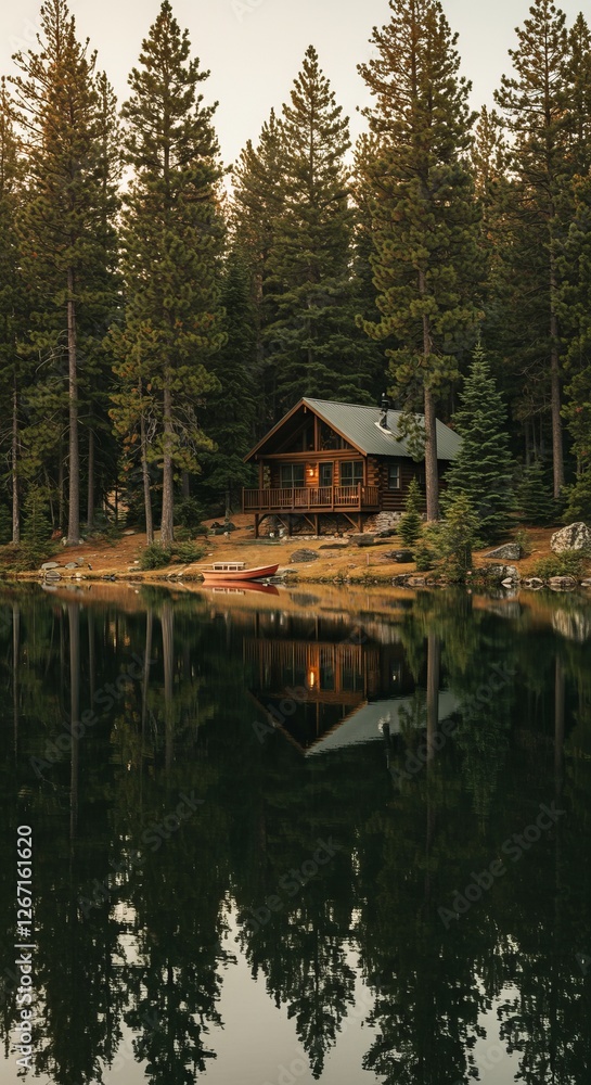 Tranquil cabin retreat by serene lake reflecting majestic pine forest at sunset Tranquil cabin retreat by serene lake reflecting majestic pine forest at sunset