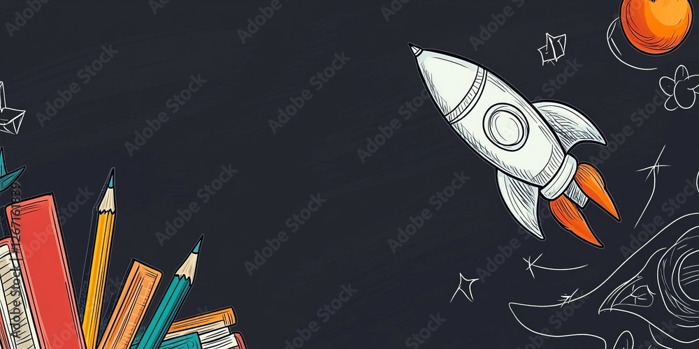 A vibrant and imaginative illustration showcases a rocket taking off amidst an array of colorful school supplies in a dynamic creative workspace