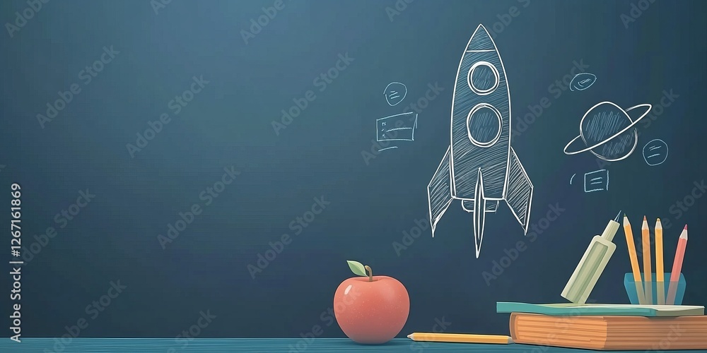 Chalkboard drawing of a rocket and planet alongside school supplies and an apple in a classroom setting during daytime
