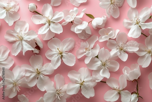 White blossoms scattered on a soft pink background creating a delicate and se...