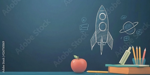 Obraz na płótnie Chalkboard drawing of a rocket and planet alongside school supplies and an apple in a classroom setting during daytime w salonie