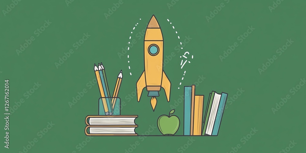 Rocket launching into space above books and pencils in a classroom setting emphasizes the importance of education and innovation during the back-to-school season