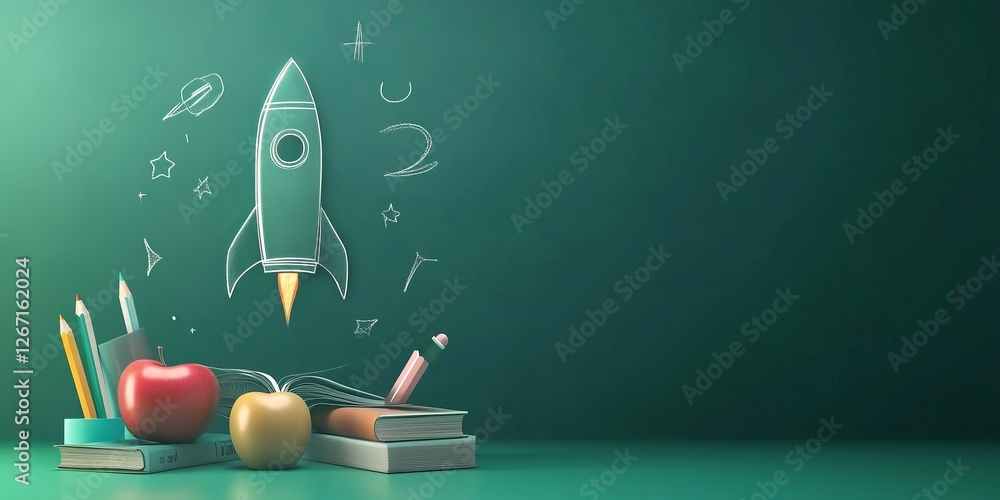 Colorful pencils, apples, and books with a rocket illustration create a vibrant educational atmosphere in a classroom setting perfect for inspiring young minds