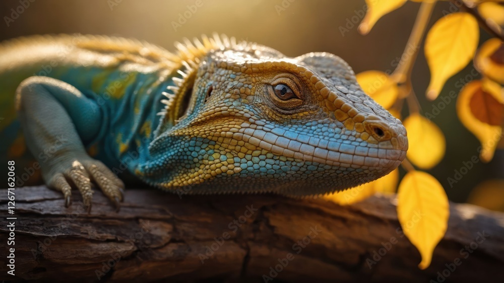 A vibrant lizard resting on a branch amidst autumn leaves. A vibrant lizard resting on a branch amidst autumn leaves.