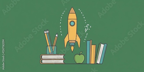 Rocket launching into space above books and pencils in a classroom setting emphasizes the importance of education and innovation during the back-to-school season