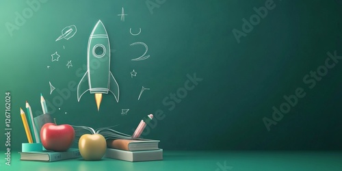 Obraz na płótnie Colorful pencils, apples, and books with a rocket illustration create a vibrant educational atmosphere in a classroom setting perfect for inspiring young minds w salonie