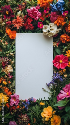 Colorful floral arrangement with blank paper in the center for creative proje...